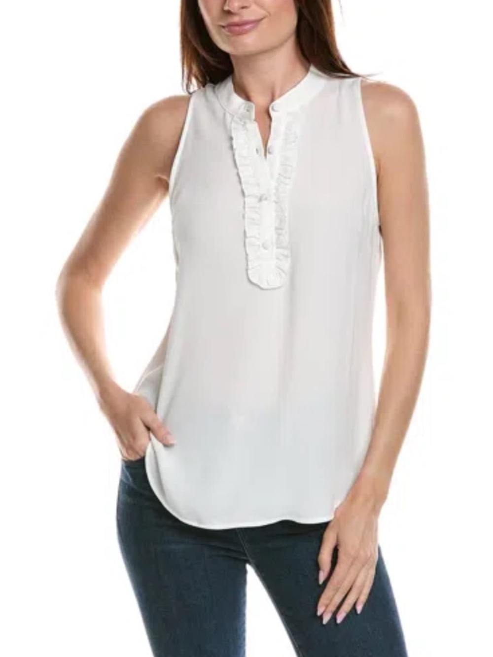 CAbi Frill Top White Ruffle-Placket Sleeveless Camisole